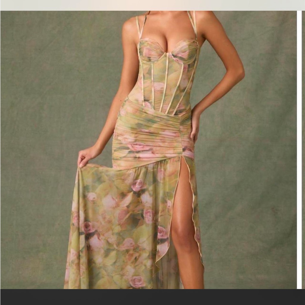 Oh Polly-Haruna Ruched Asymmetric Corset Gown In Floral Multi Print